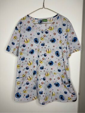 ❤️2 for $25❤️Cookie Monster Cartoon Scrub Top - Light Gray & Blue Sesame Street